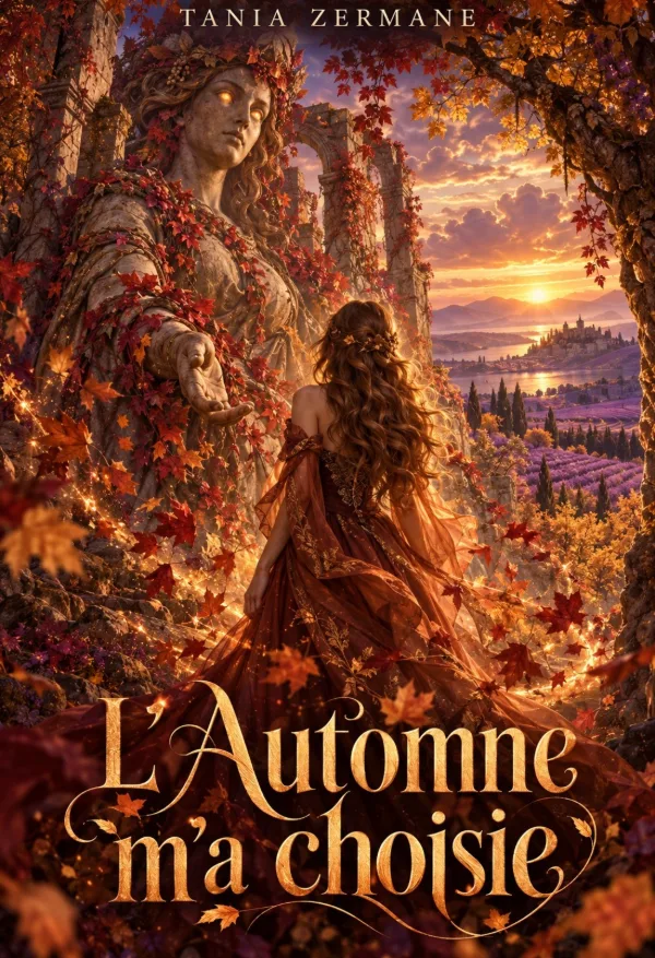 Couverture de L'Automne m'a choisie : de dos, une jeune femme aux longs cheveux bouclés, en robe rousse, regarde un coucher de soleil sur des champs de lavande, sous la statue d'une femme couronnée de feuilles d'automne.